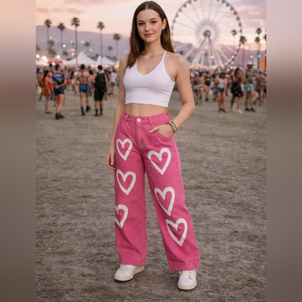 💖 Pink Heart Print Wide-Leg Jeans – Size S
